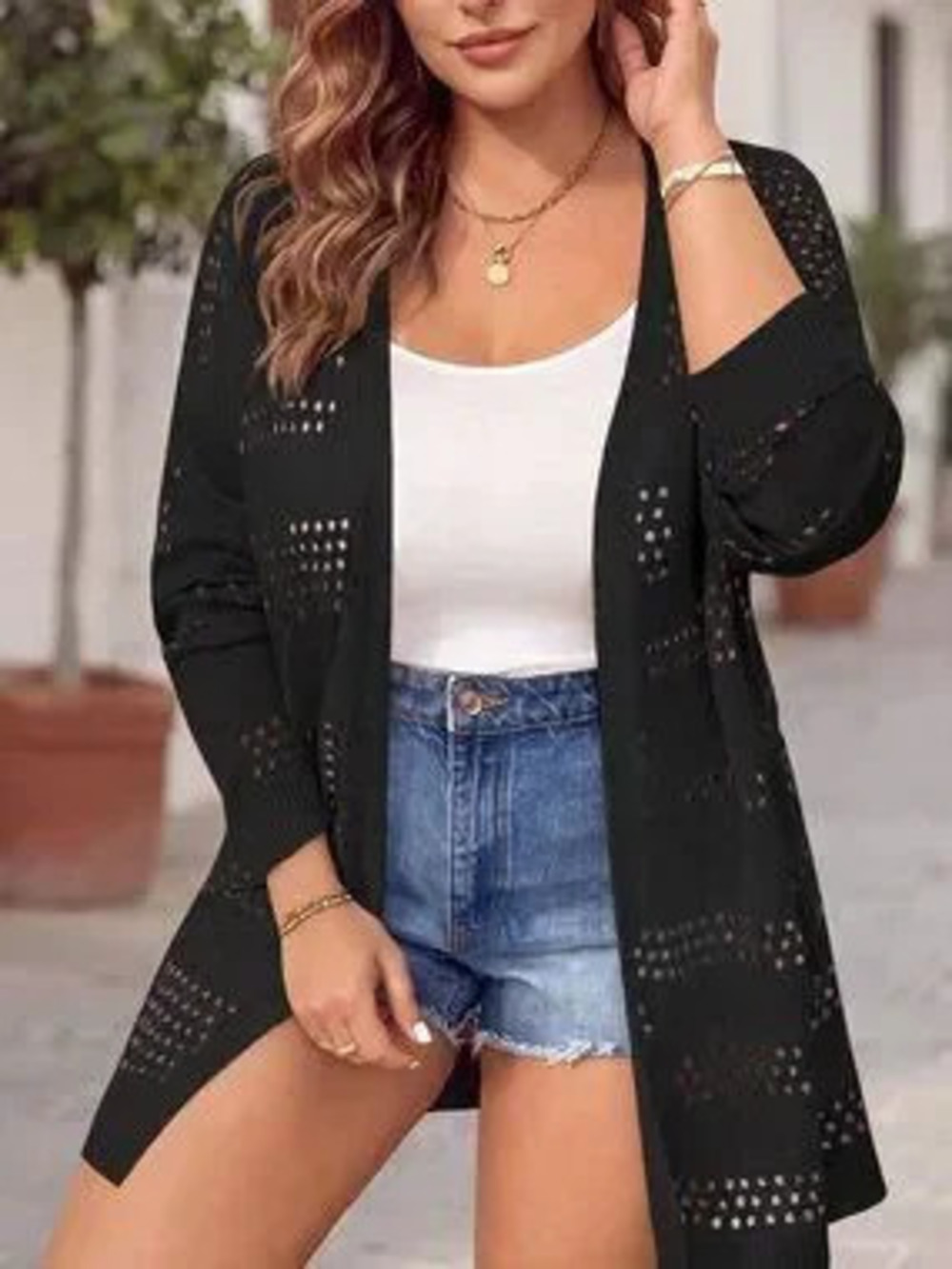 ZARA Black Casual Women's Plus Size Hollow Out Cardigan